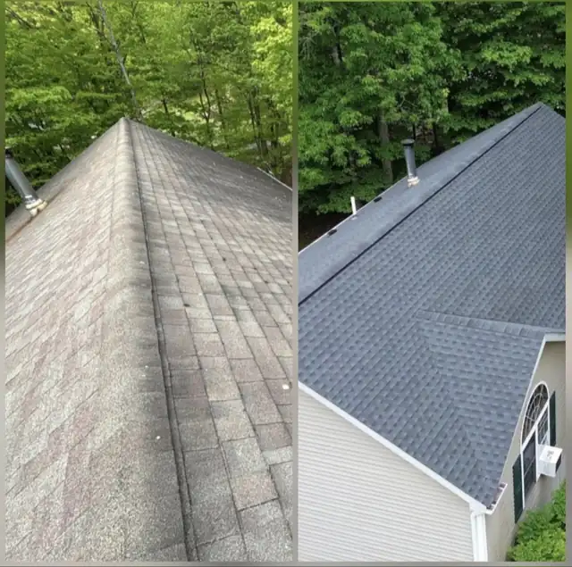 Two photos of a shingle ridge: worn shingles on the left, new grey shingles on the right