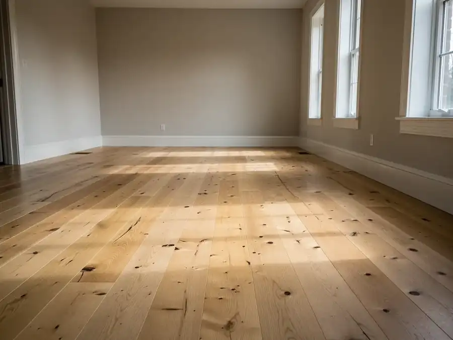 Illustration of a wide-plank light oak floor in an empty room with tall windows
